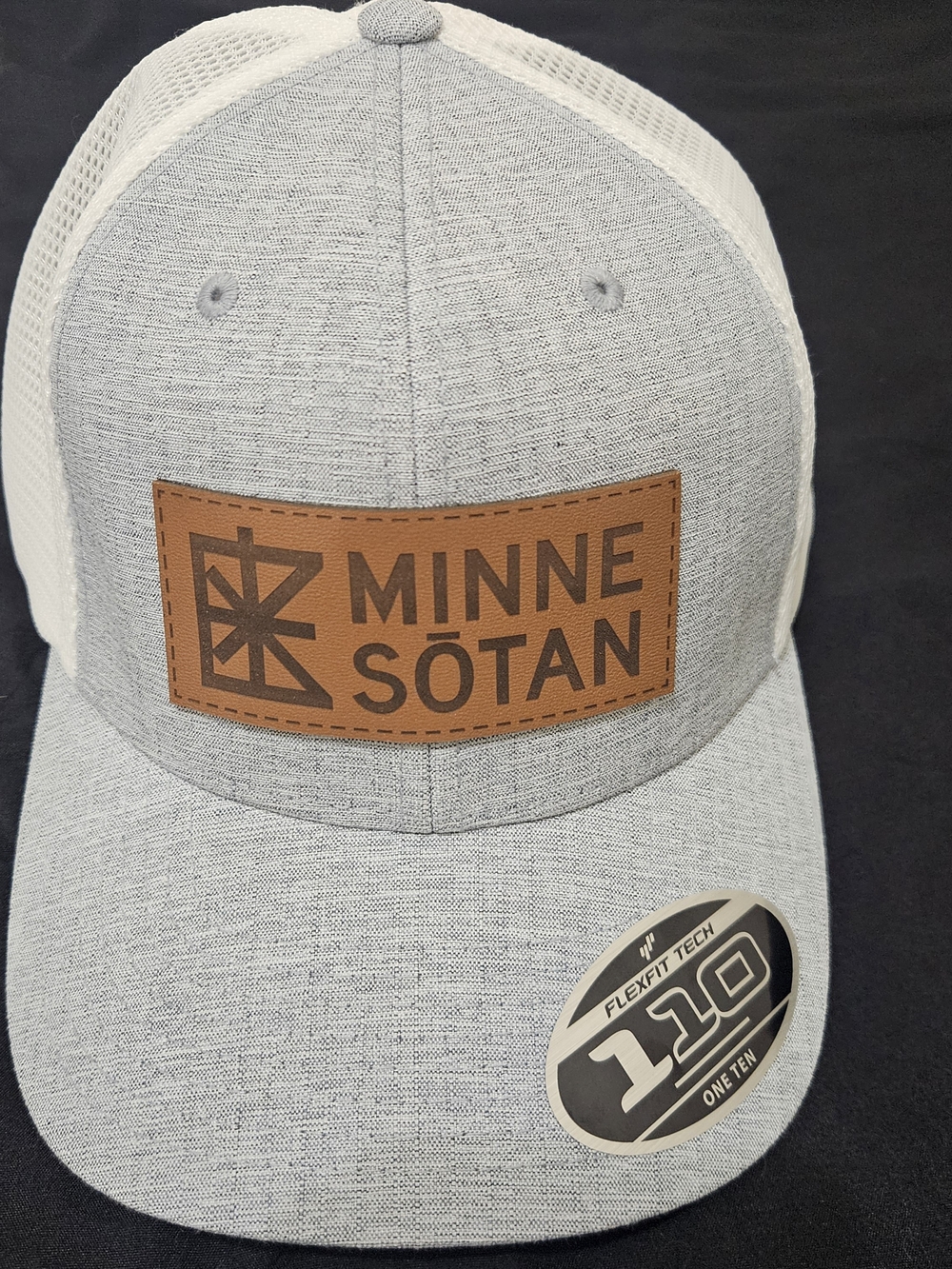 Minne Sotan Leather Patch Trucker Hat in Light Gray and White